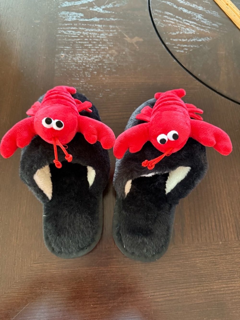 Plush Black Slippers with Red Lobster Accent